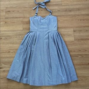 Emily and Fin Womens Blue White Pinstripe Halter Pleated Midi Dress Small Retro